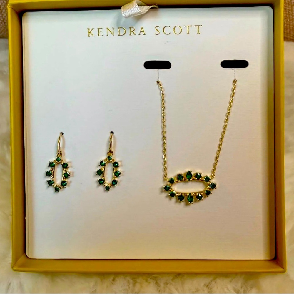 Kendra Scott Eva Gold and Emerald Crystal Necklace & Earring Coordinated Set New